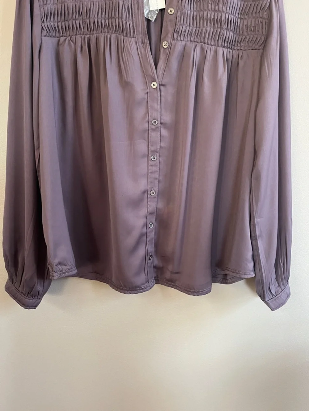 Anthropologie Silky Smocked Yoke Long Sleeve Purple Button down Shirt size large - Picture 5 of 16